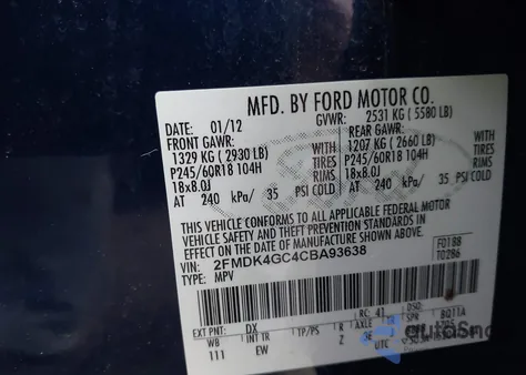 2012 Ford Edge Se из США, поврежденный, VIN 2FMDK4GC4CBA93638